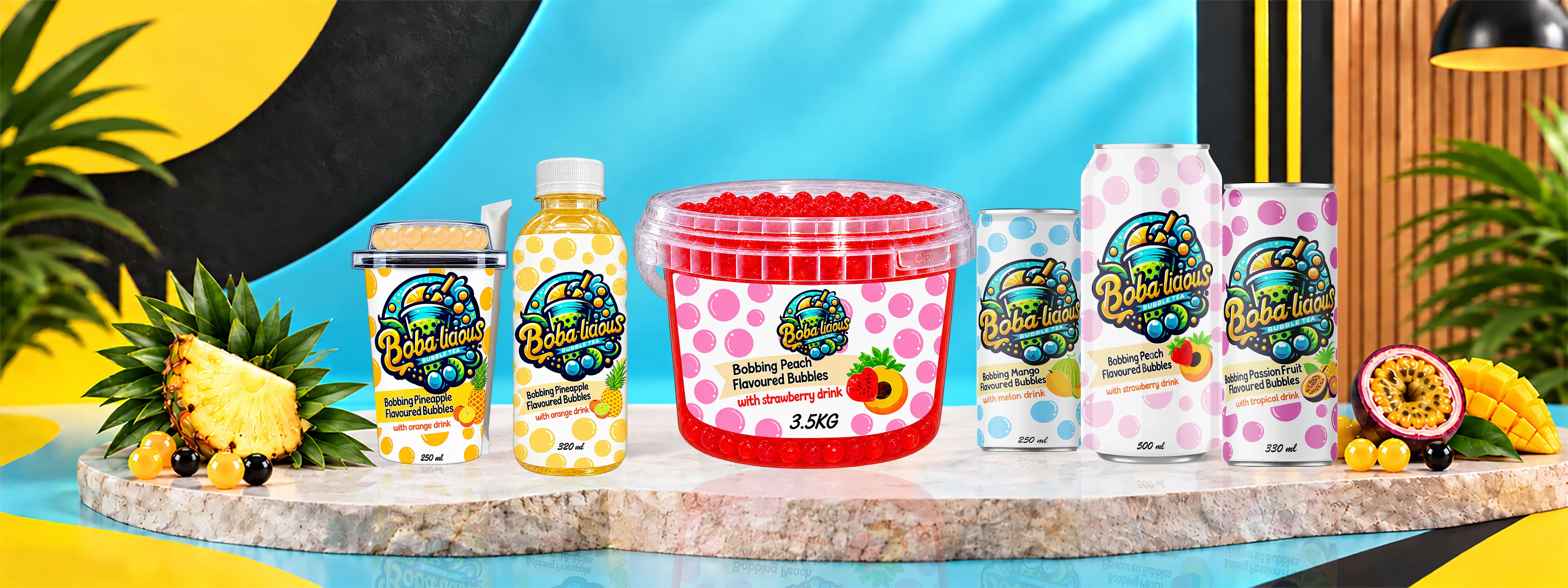 Bobalicious Bubble Tea served in cups, cans and bottles with tropical fruits and ANC Group Limited branding